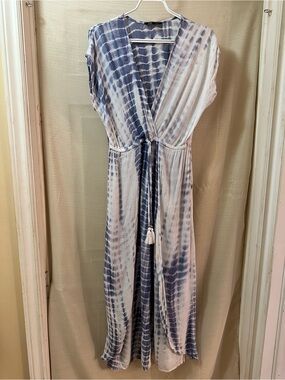 Spiaggia Dolce Blue White Tie Dye Metallic Stripe Boho Maxi Dress M Beach Summer